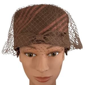 Vintage 60s Brown Velvet Copper Striped Net Veil Pillbox Hat Size Small USA